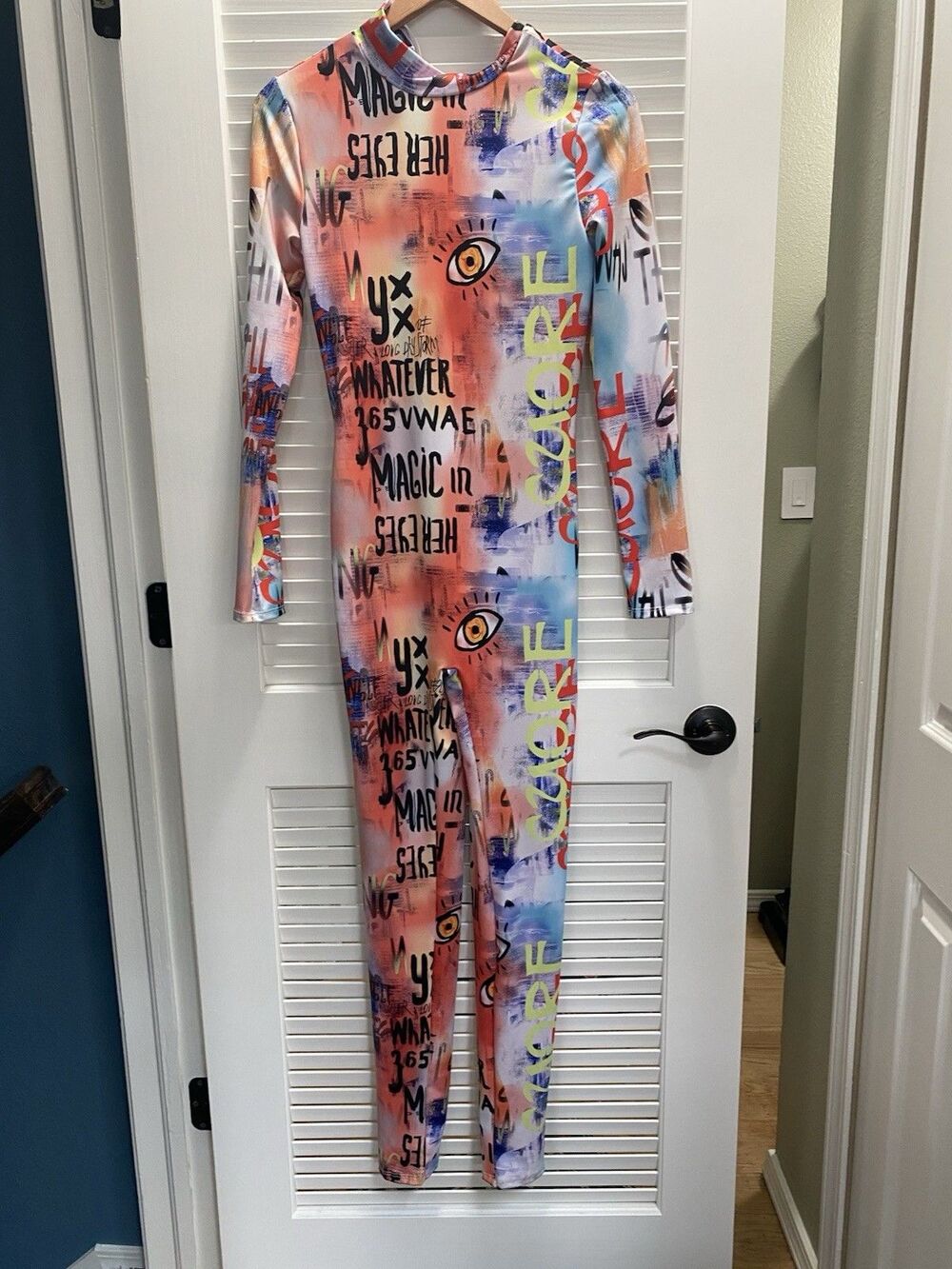 Fashion Nova Graffiti Print Mock Neck Jumpsuit Long Sleeve Multi-Color Bodycon L